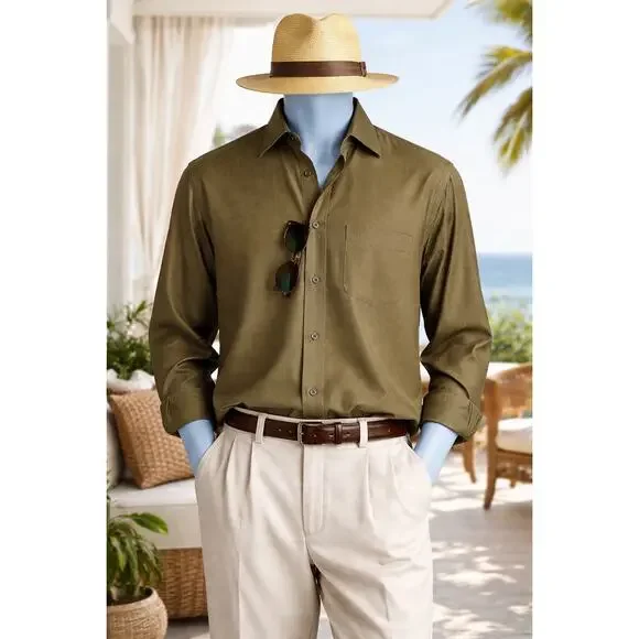 Brioni Sport Italy Olive Herringbone Cotton Shirt Mens M Luxury Classic Fit - Picture 1 of 10